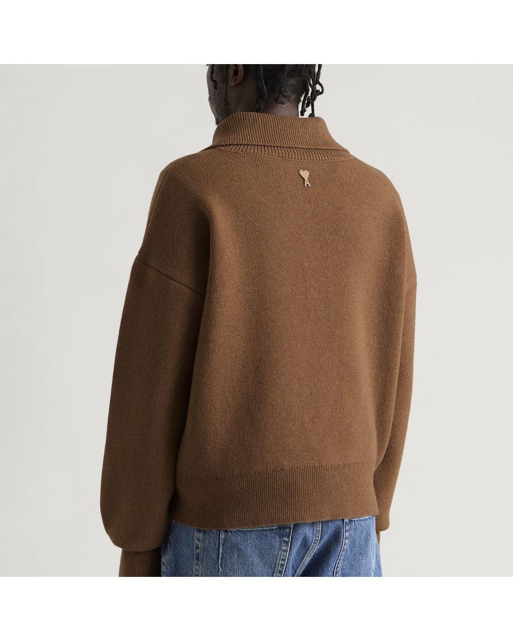 AMI Brown Compact Wool Buttoned Collar Jumper for men