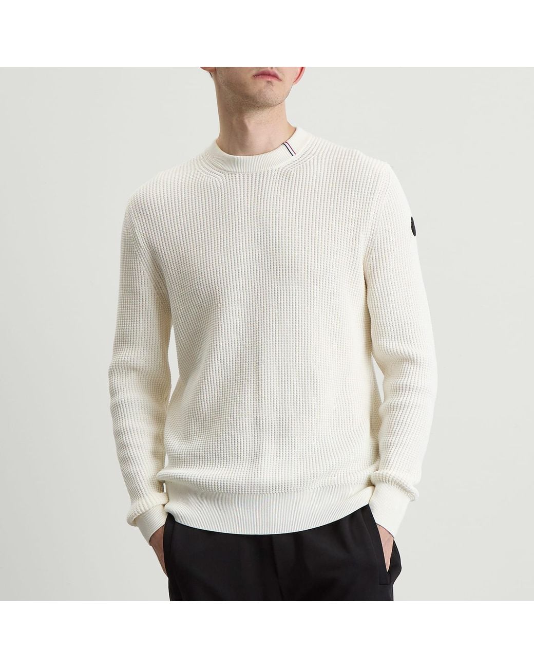 Moncler White Cotton Woven Crew Neck Jumper for men