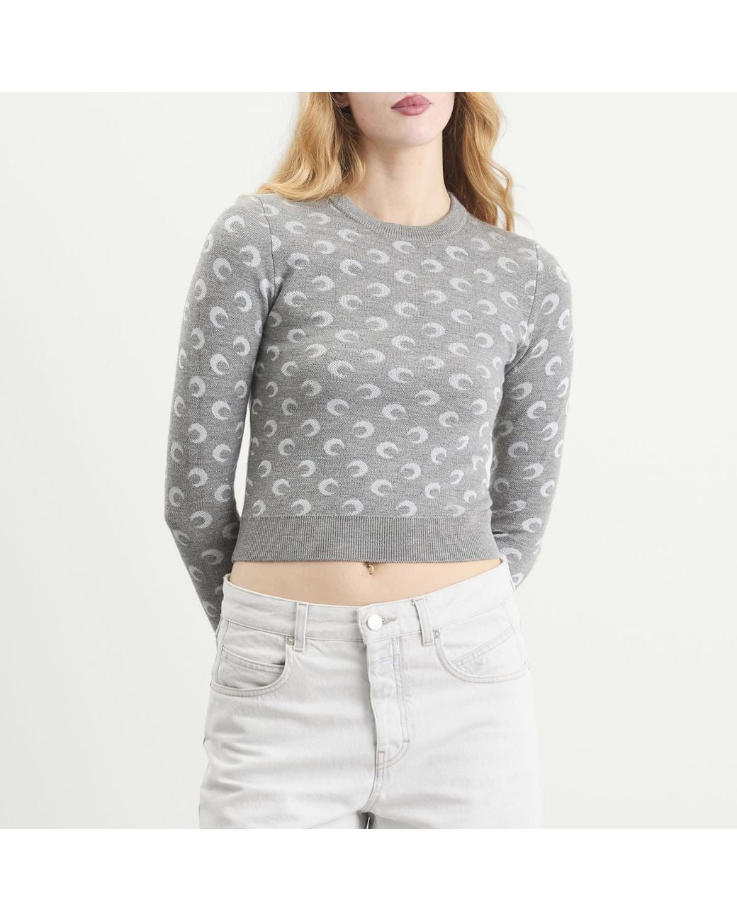 MARINE SERRE Gray Moon Jacquard Knit Fitted Crewneck Sweater