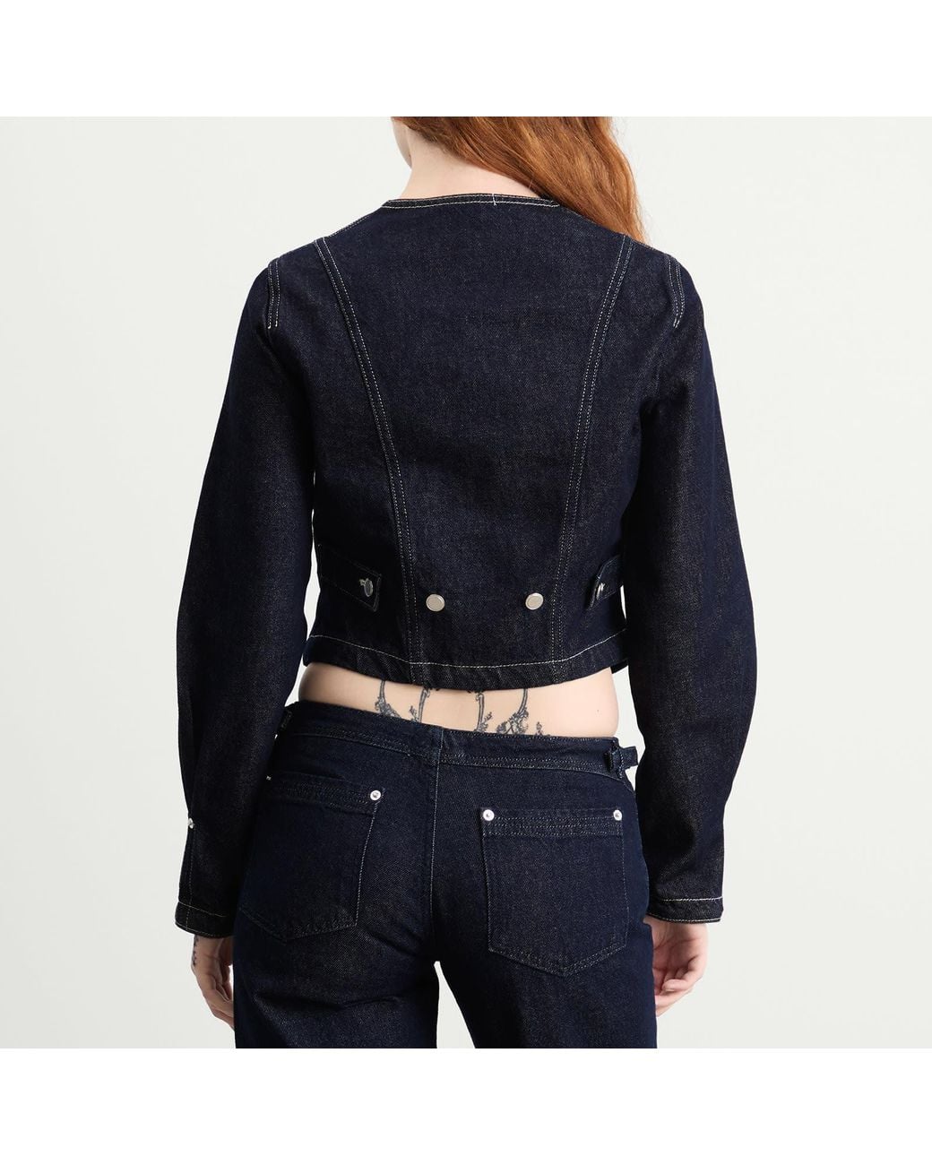 Peachy Den Blue Goldie Collarless Denim Jacket