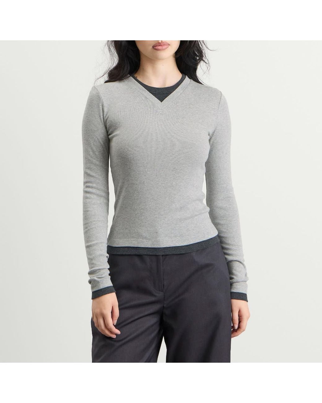 St. Agni Gray Organic Cotton V-Neck Long Sleeve Top