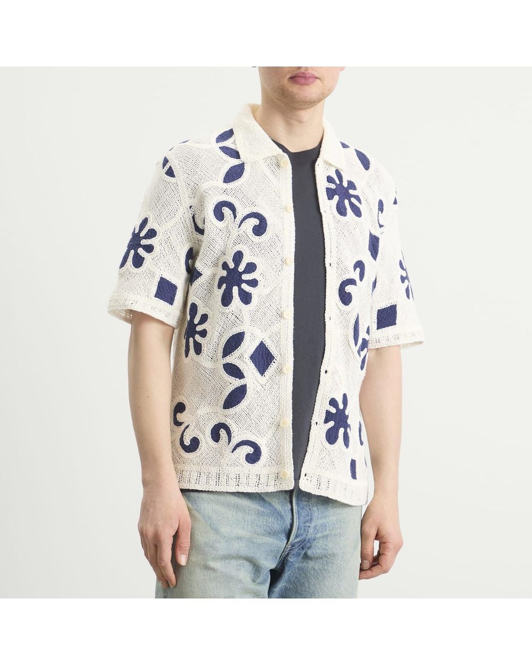 Wax London Blue Porto Doodle Crochet Polo for men