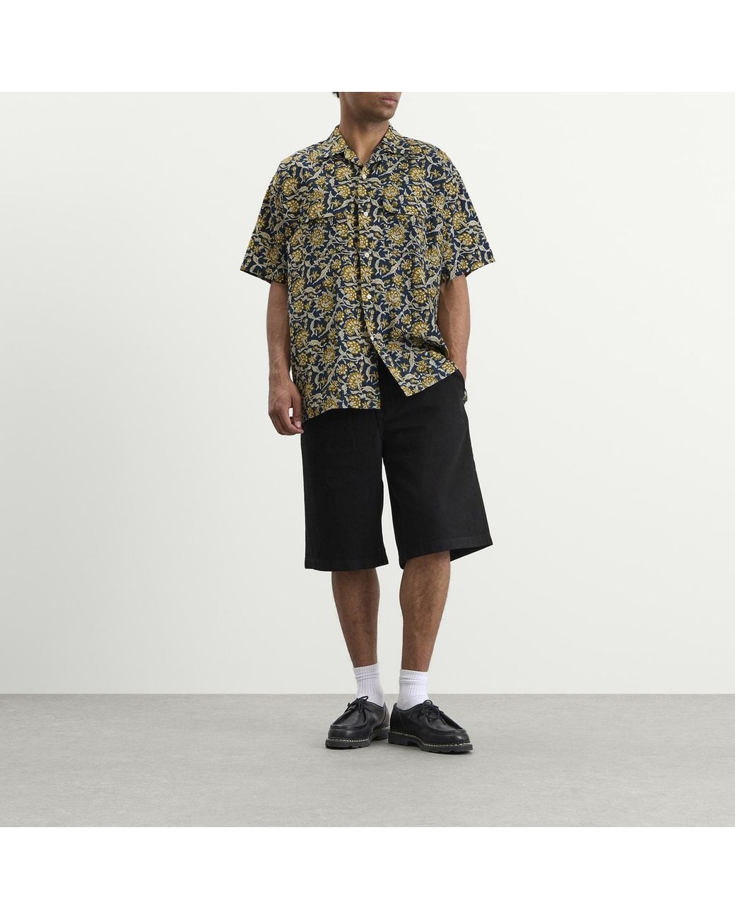 Beams Plus Gray Block Print Open Collar Shirt for men