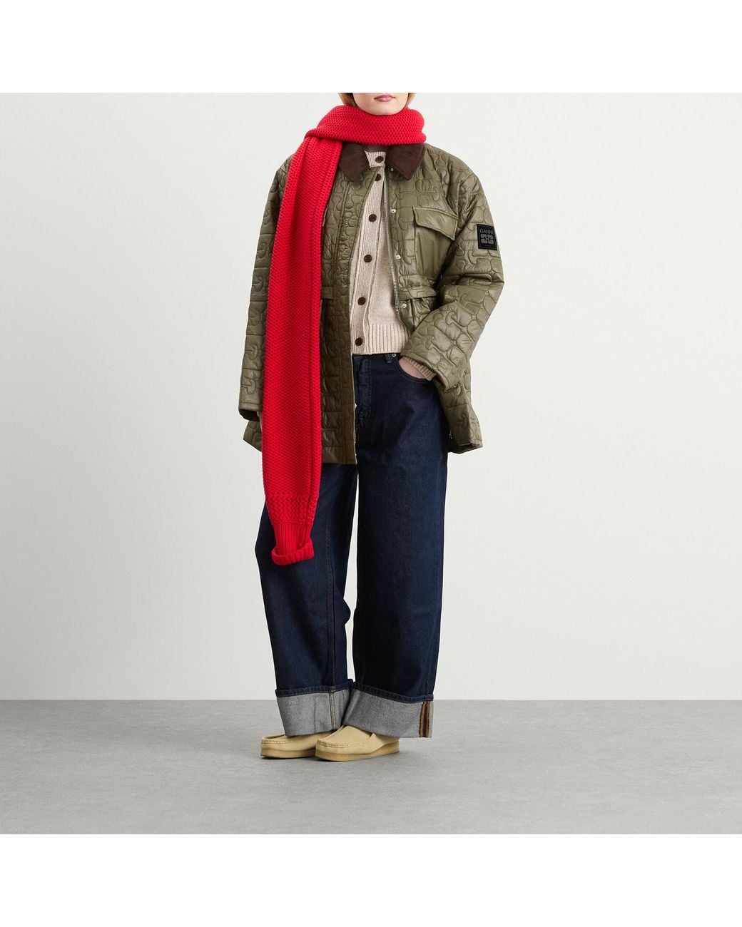 Ganni Green Shiny Quilt Midi Jacket