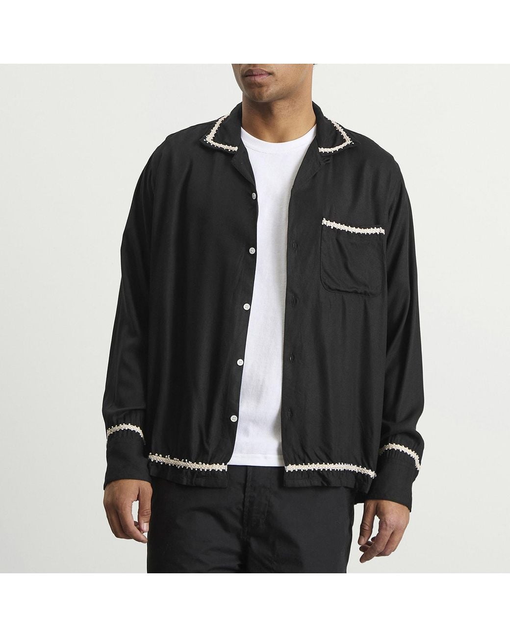 Nomarythm Textile Black Trim Embroidery Open Collar Shirt for men