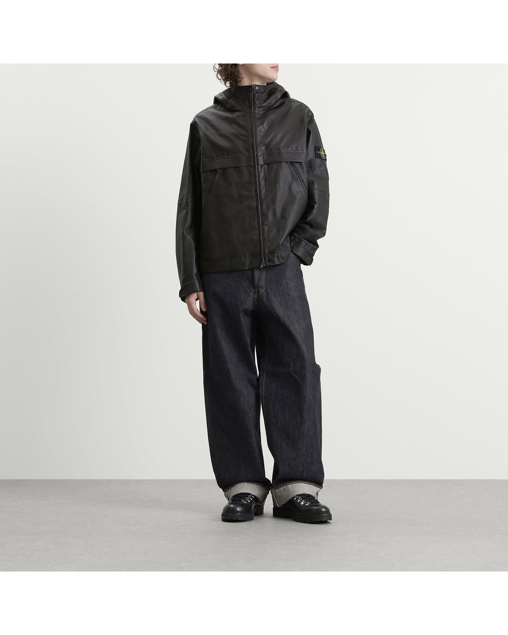 Stone Island Black Leather Organza Hooded Jacket for men