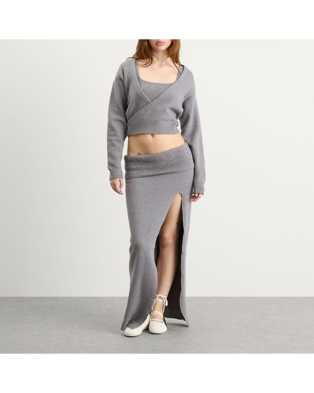 Skims Gray Textured Knit Crop Cardigan