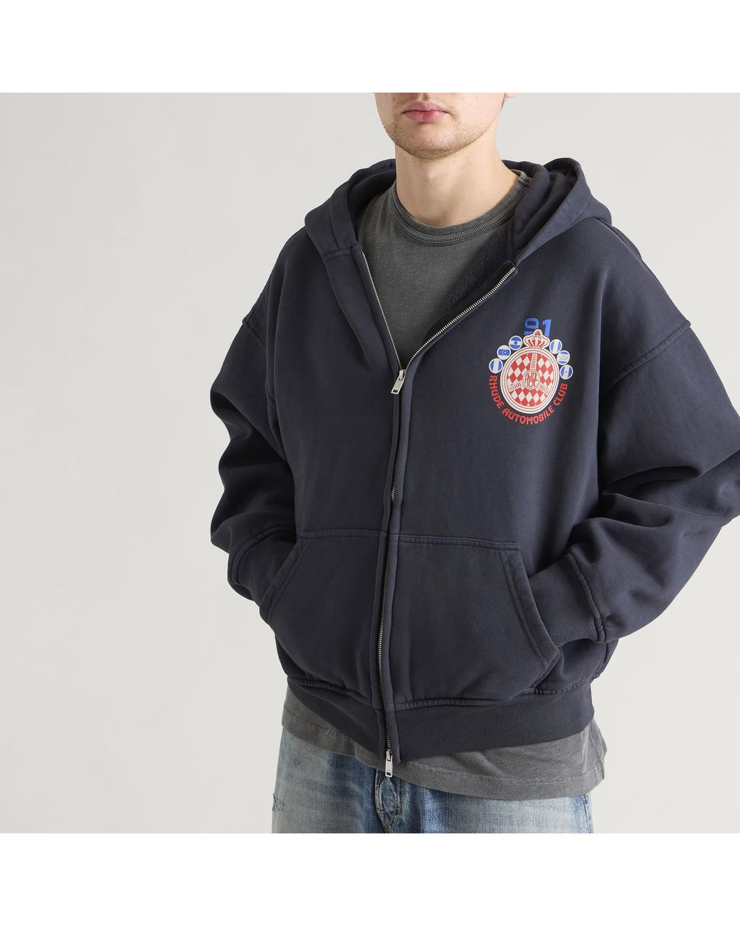 Rhude Blue Automobile Club Zip-Up Hoodie for men