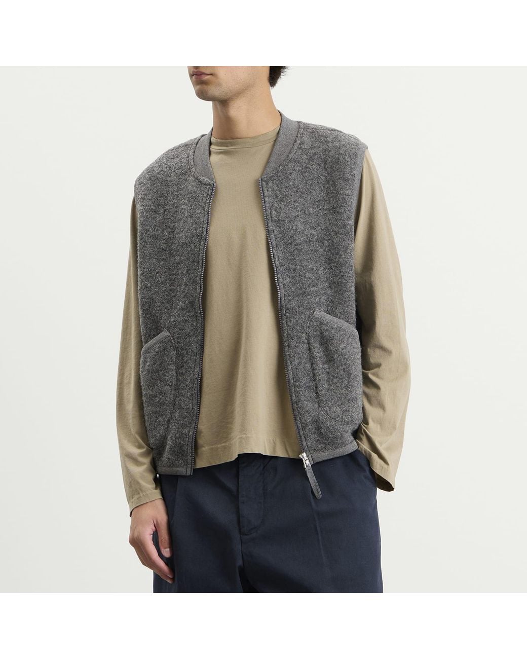 Universal Works Gray Wool Fleece Zip Waistcoat for men