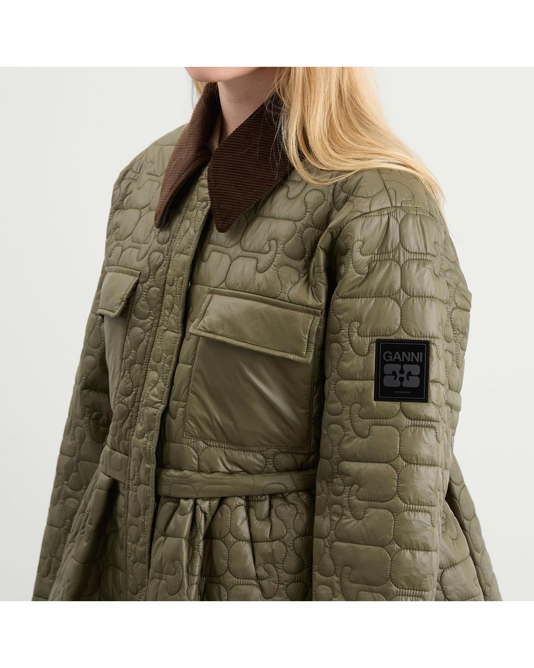 Ganni Green Shiny Quilt Midi Jacket