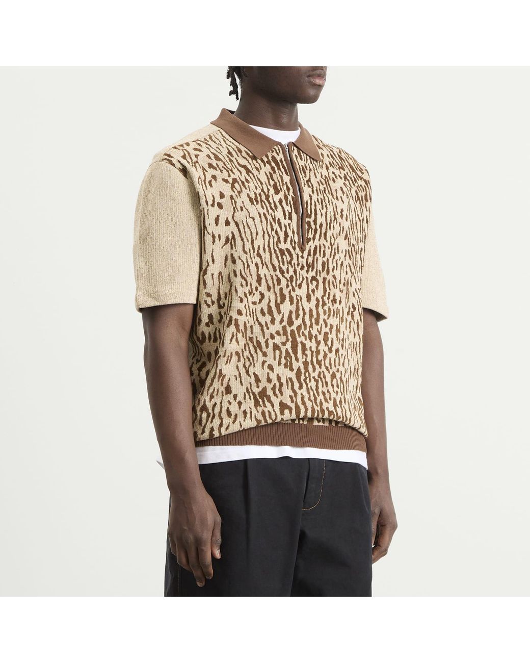 Beams Plus Natural Animal Jacquard Knit Polo for men