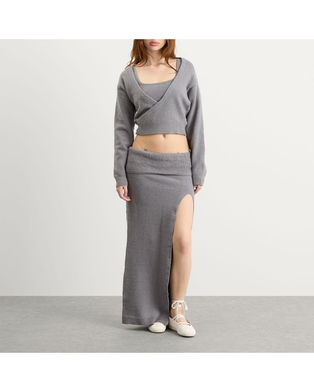 Skims Gray Textured Knit High Slit Long Skirt
