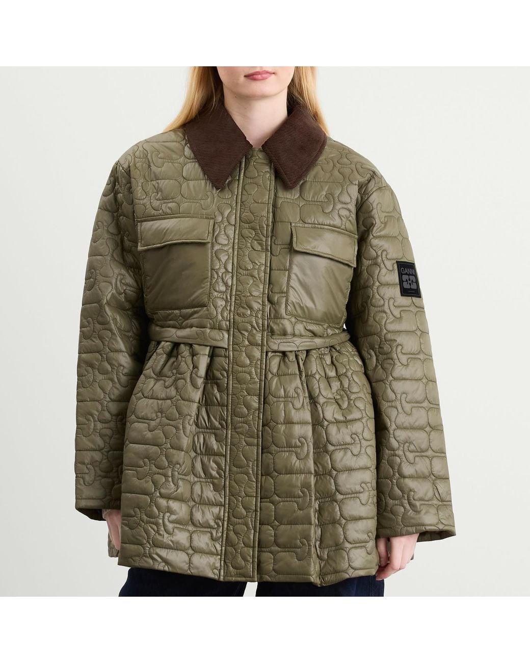 Ganni Green Shiny Quilt Midi Jacket