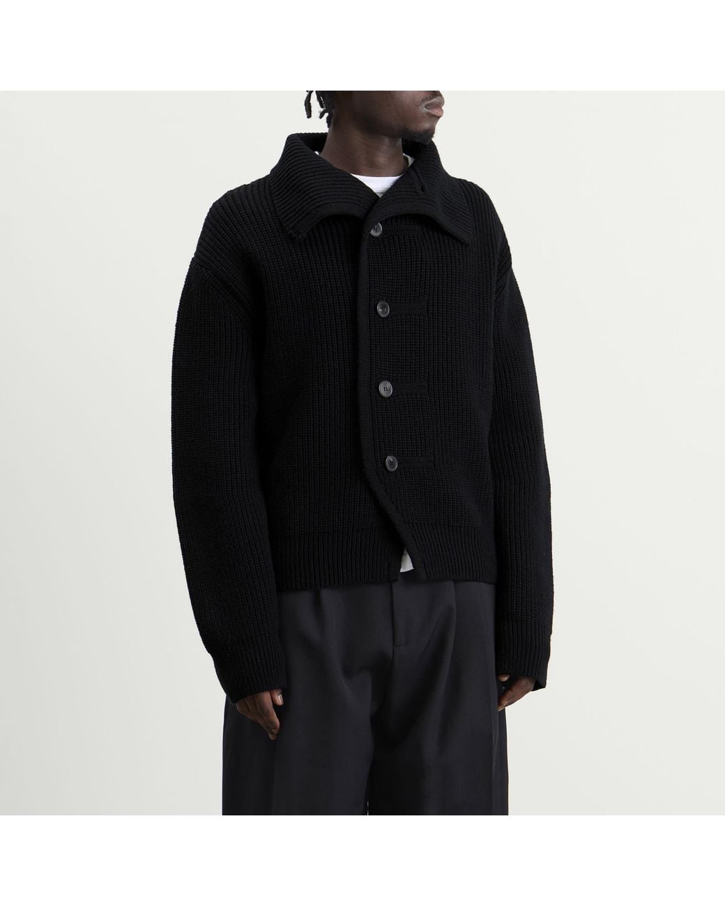 Dries Van Noten Black Marino Button Knitted Bomber Jacket for men