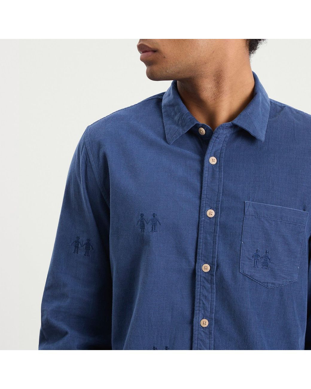 Folk Blue Embroidery Direction Babycord Shirt for men