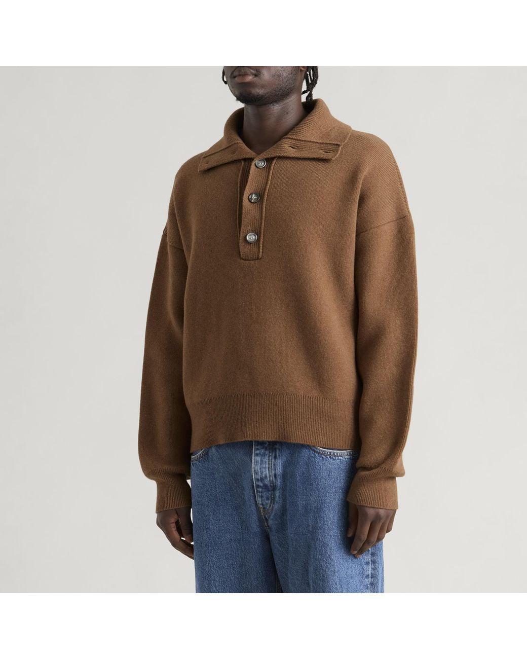 AMI Brown Compact Wool Buttoned Collar Jumper for men