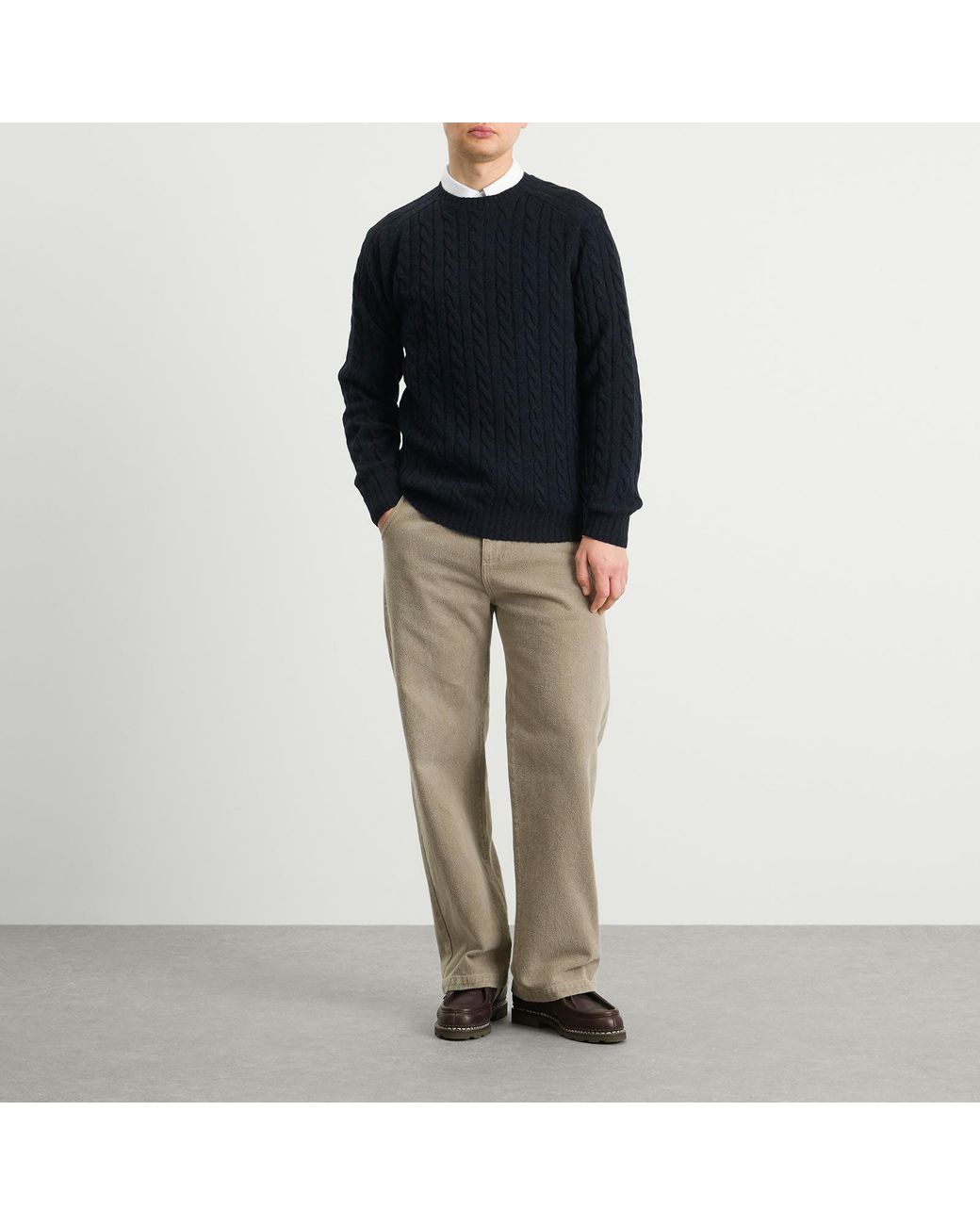 Beams Plus Blue Cable Knit Crew Neck Jumper for men