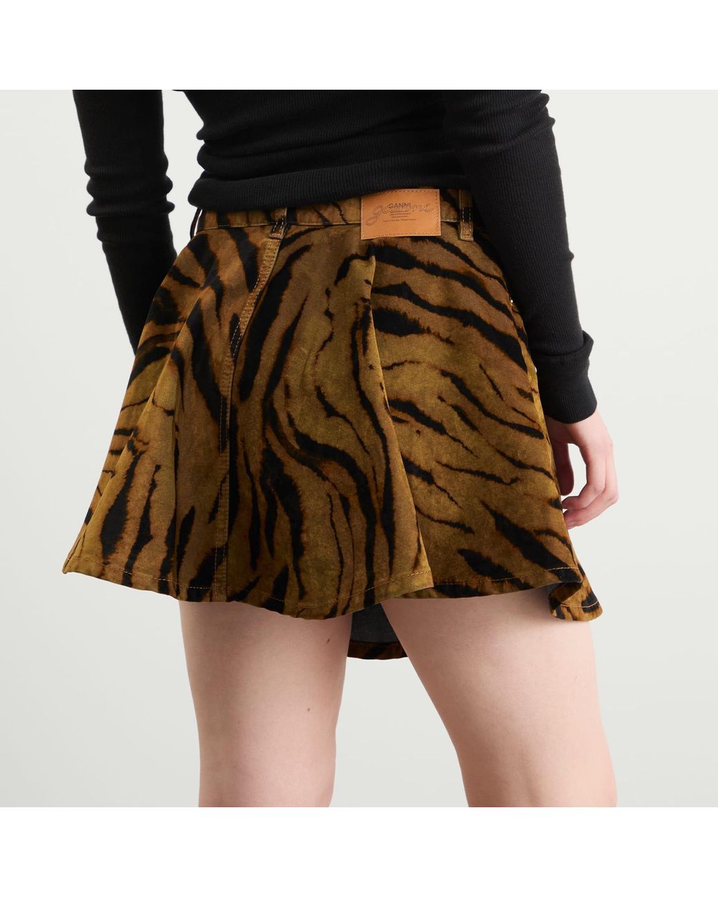 Ganni Brown Printed Flock Denim Mini Skirt