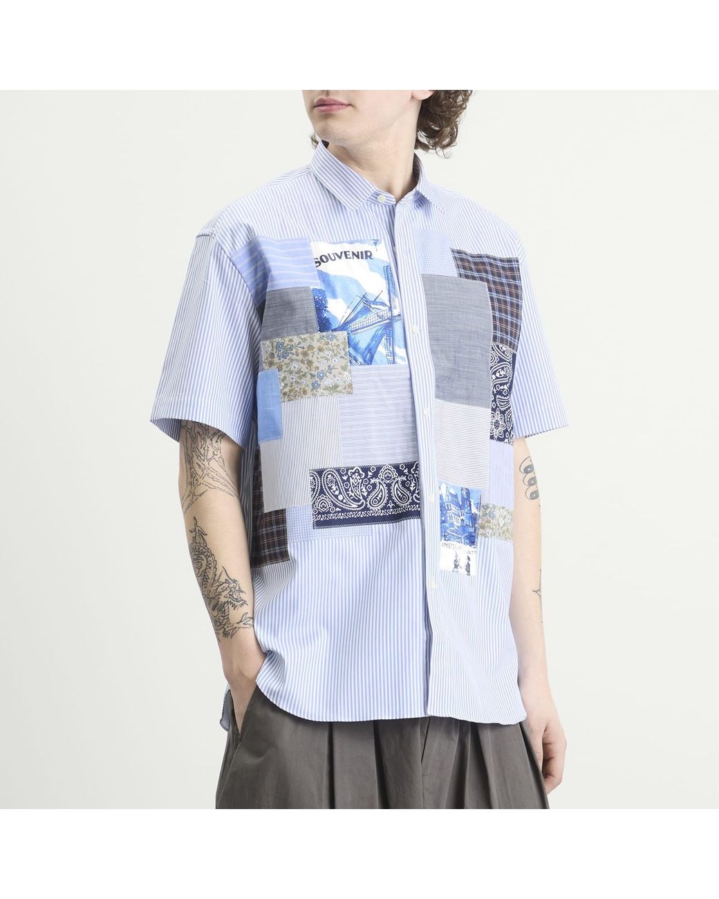 Junya Watanabe Blue Patchwork Mix Short Sleeve Shirt for men