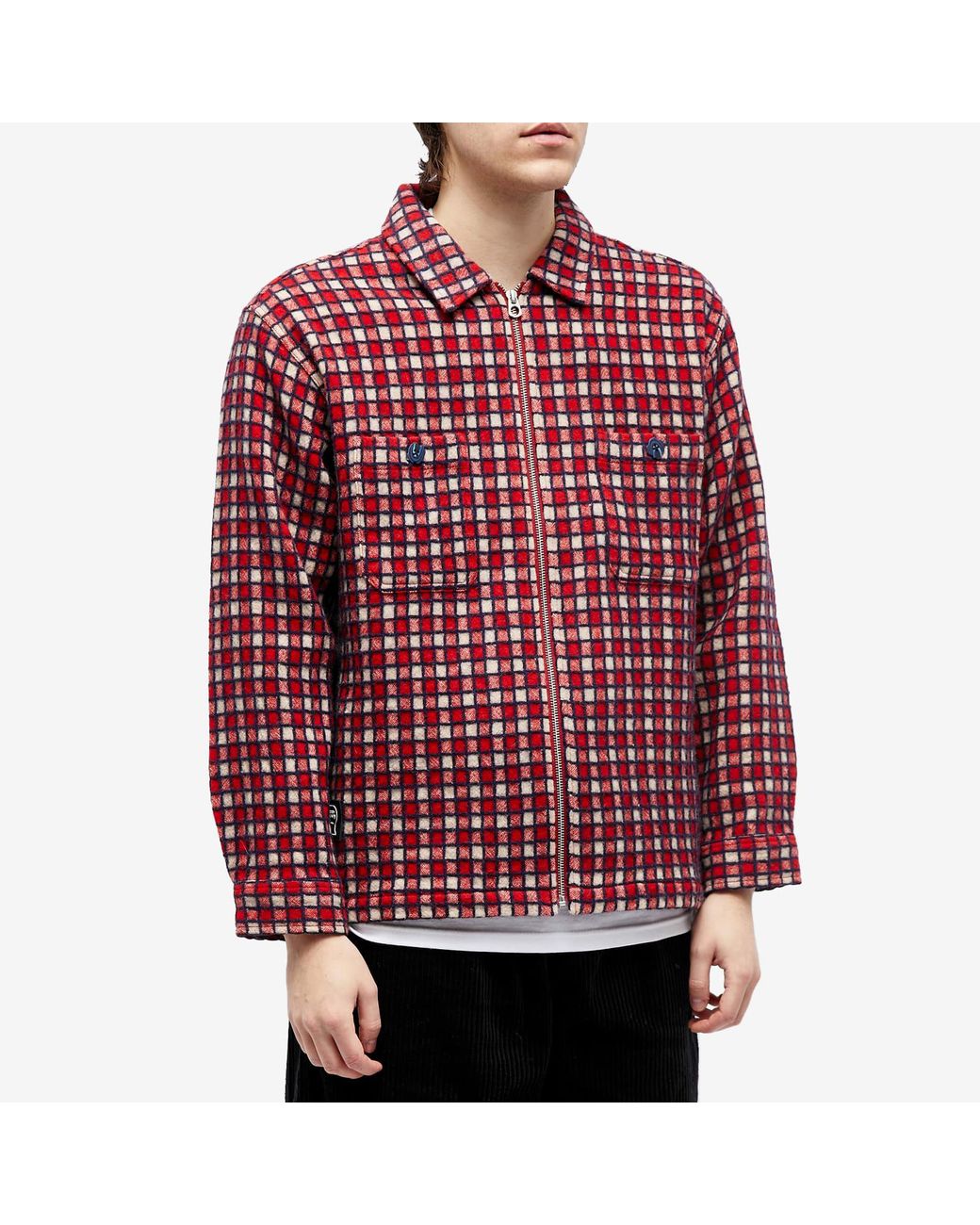 Brain Dead Check Mate Flannel Zip Shirt Jacket in Red for Men