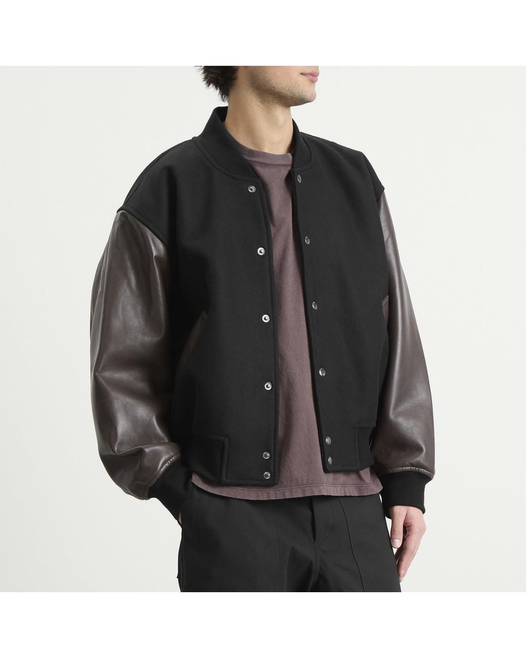 Studio Nicholson Black Alph Leather Wool Varsity Bomber Jacket for men