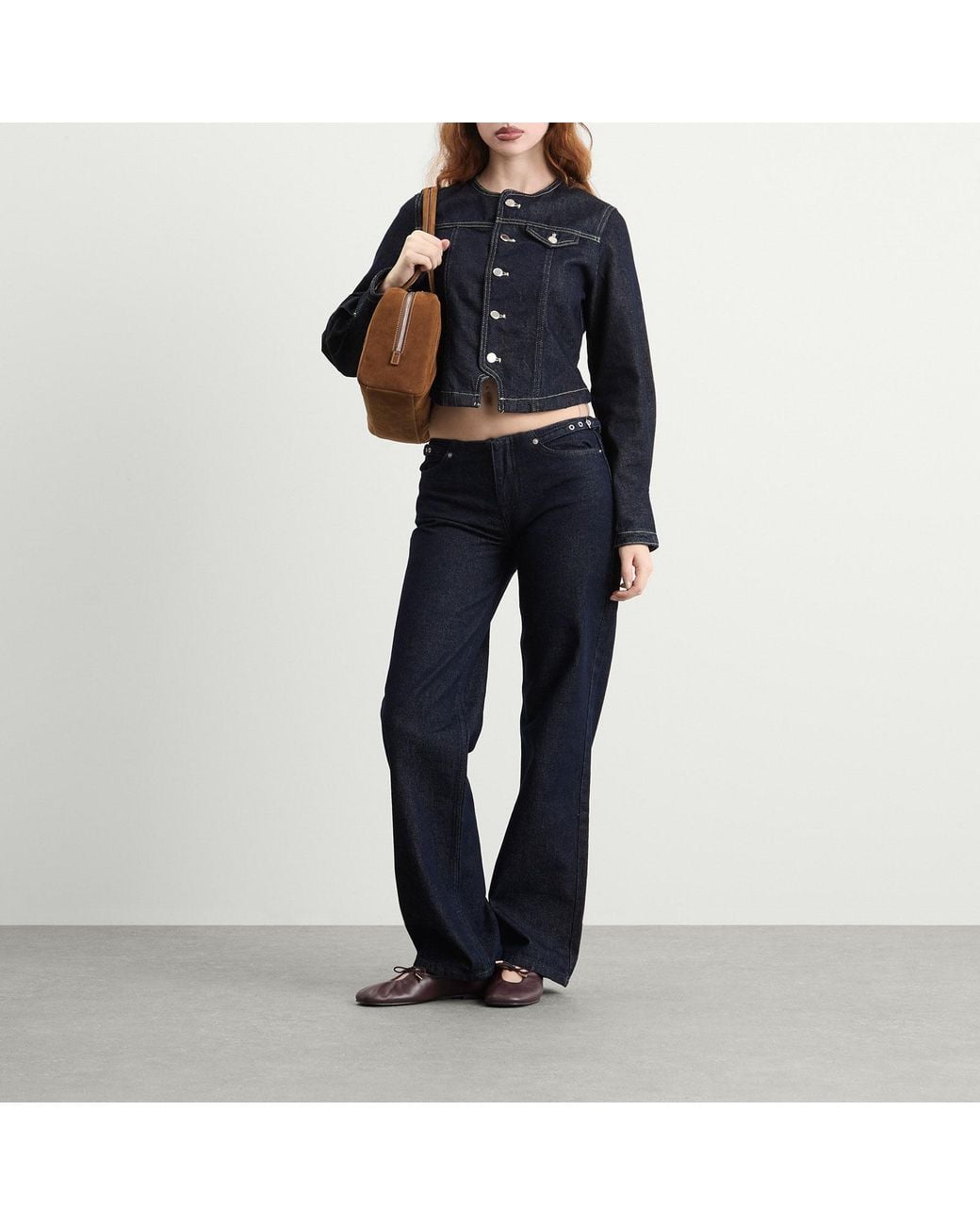 Peachy Den Blue Goldie Collarless Denim Jacket