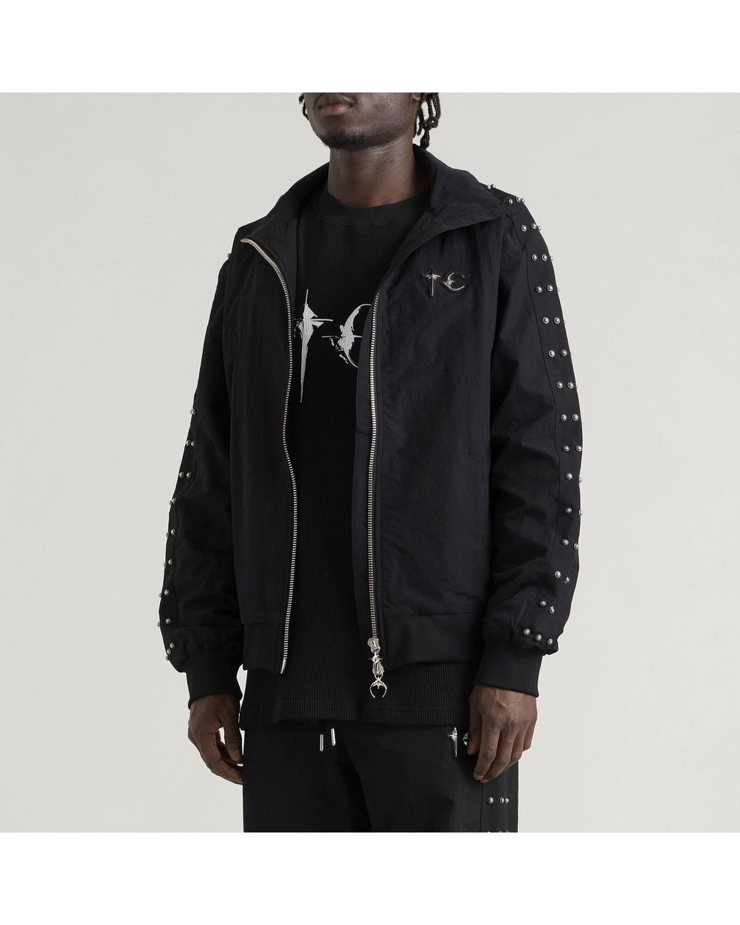 THUG CLUB Black Triple Line Stud Track Jacket for men
