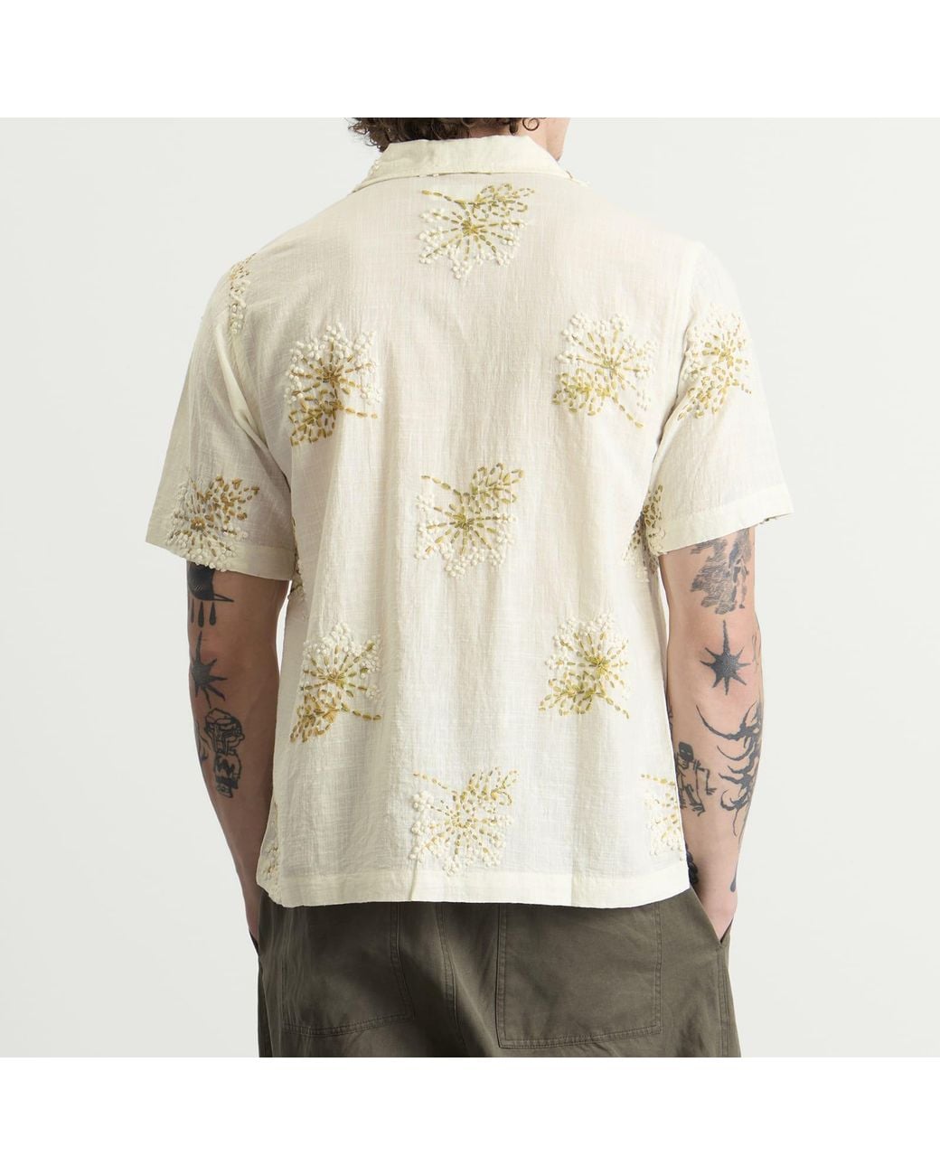 Universal Works Natural Hand Embroidered Stripe Road Shirt for men