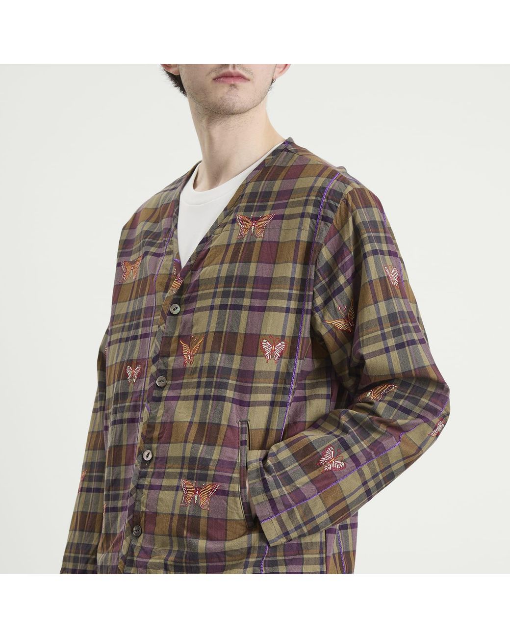 Needles Brown Embroidered Madras Plaid Cardigan for men