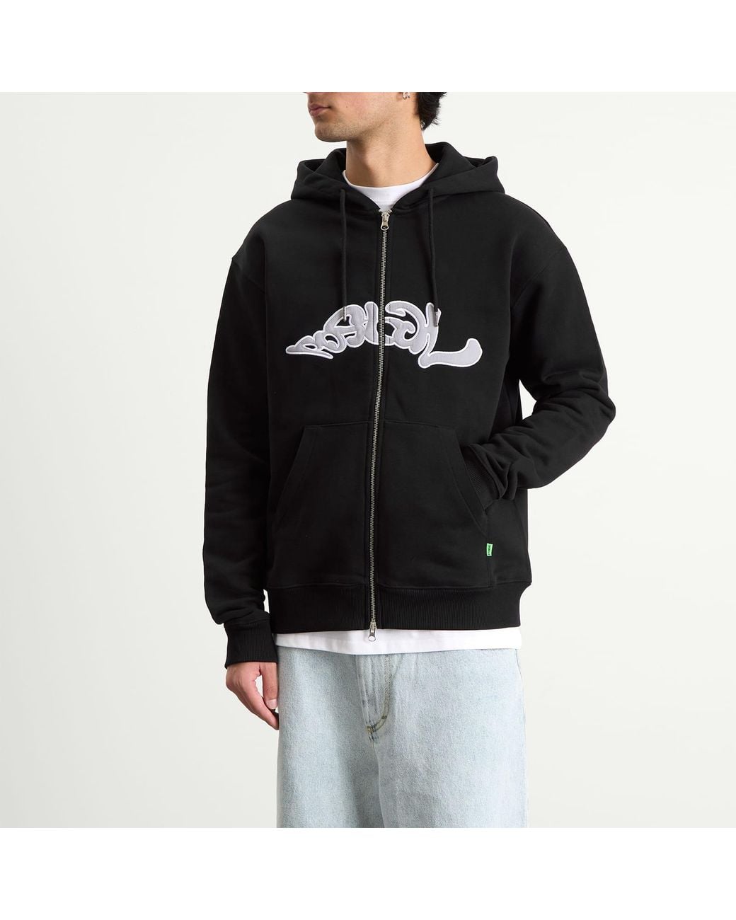 Postalco Black Trip Applique Zip Hoodie for men