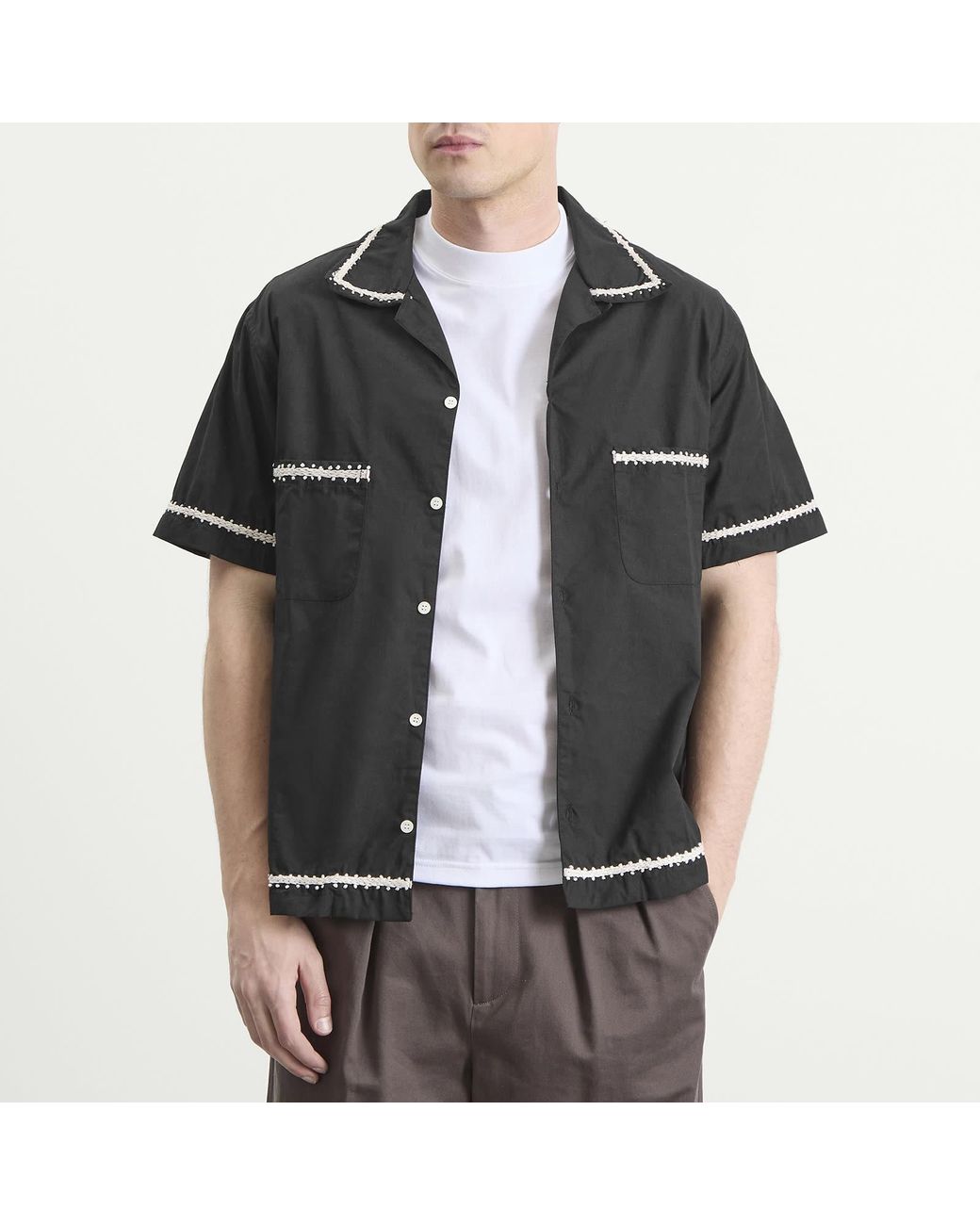 Nomarythm Textile Black Trim Embroidery Open Collar Shirt for men