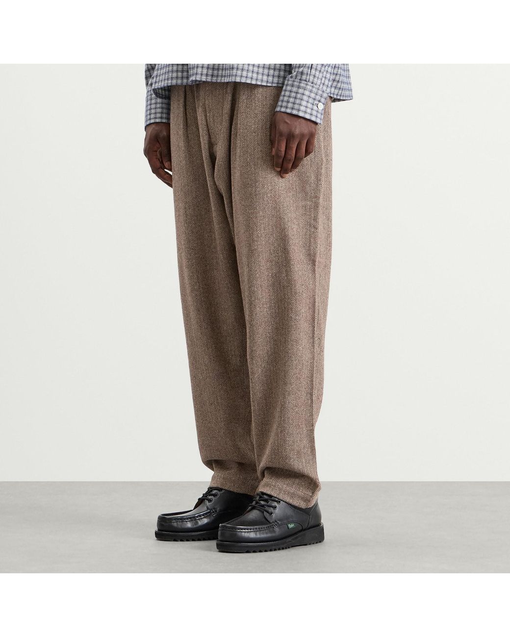 Universal Works Brown Wool Herringbone Pleated Track Pant for men
