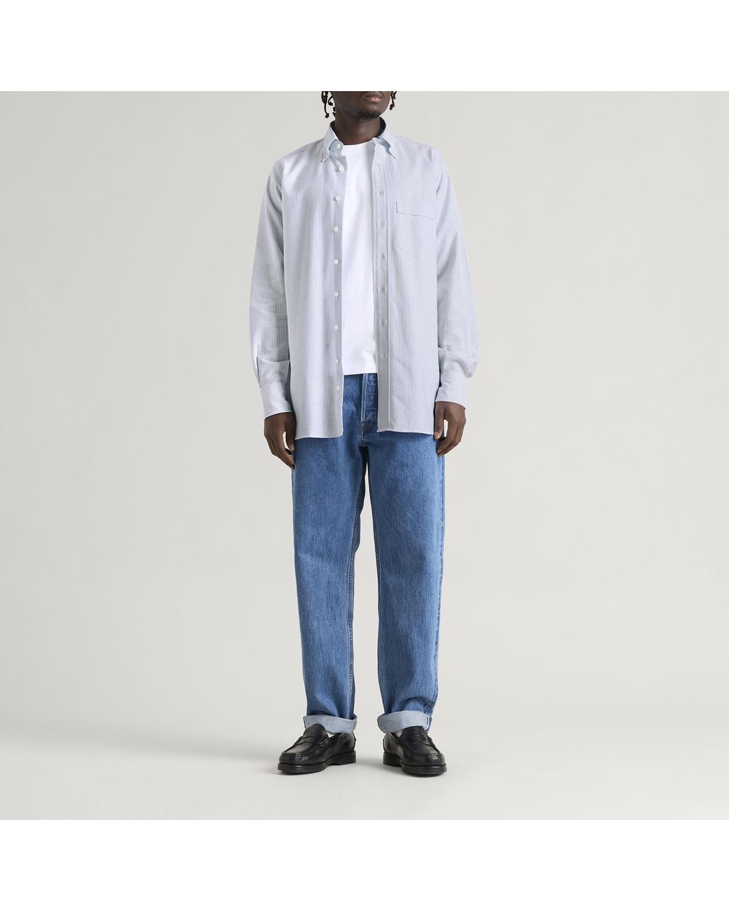 Drake's Blue Ticking Stripe Button Down Oxford Shirt for men