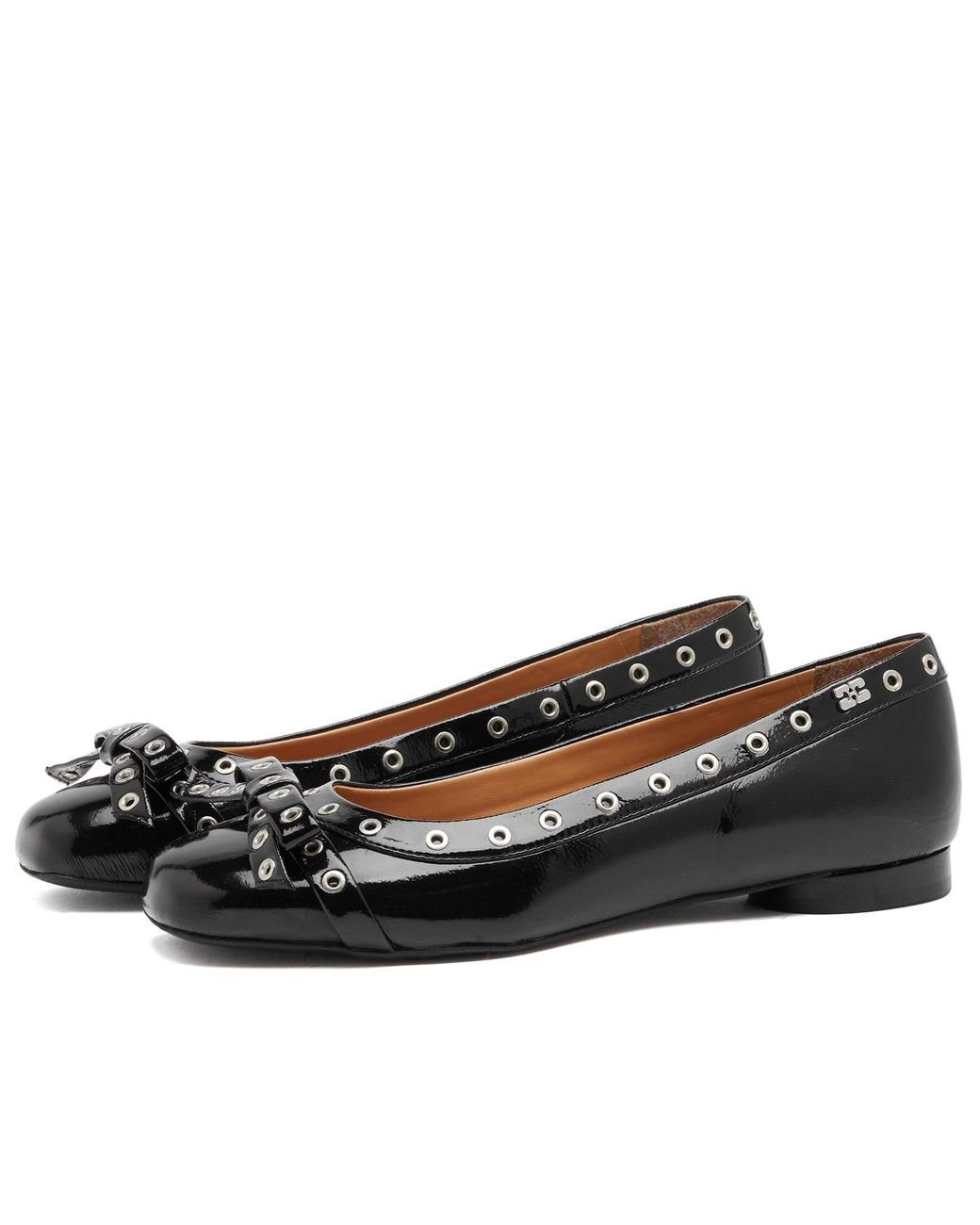【GANNI】 EYELETS JEWEL BALLERINA BLACK Eyelets Jewel faux leather ballet flats in black - Ganni