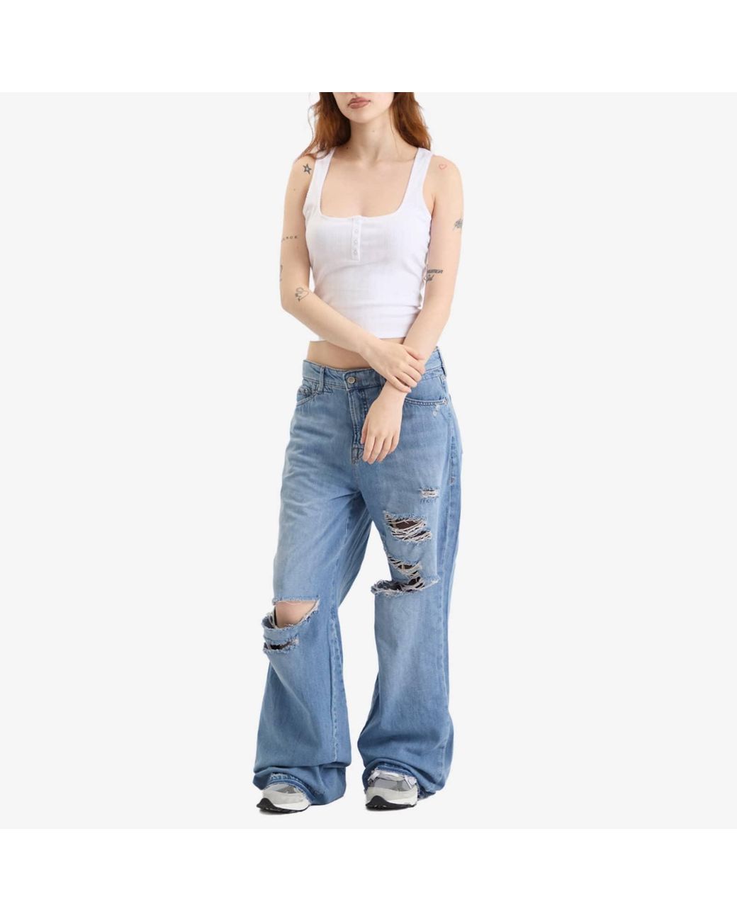 GOOD AMERICAN White Pointelle Henley Tank Top