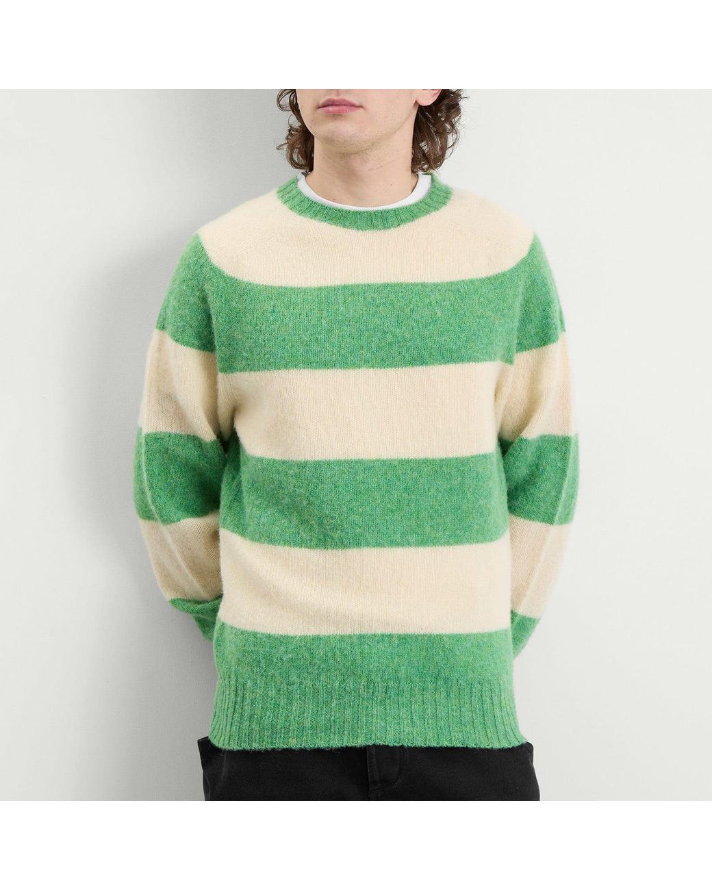 YMC Green Suedehead Stripe Crew Neck Jumper for men