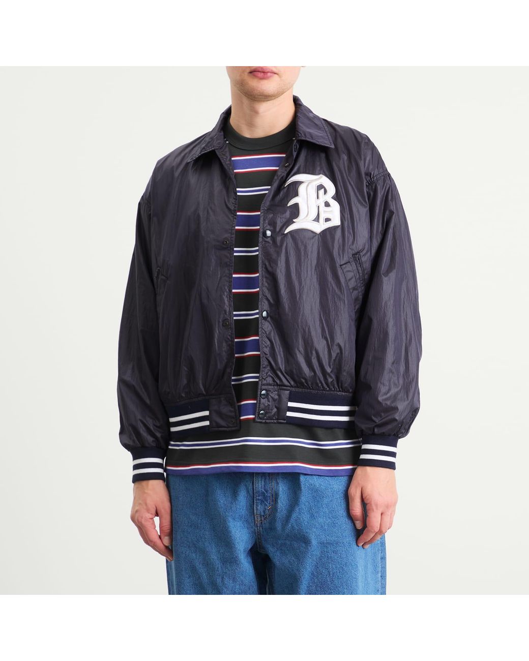 Beams Plus Blue B Satin Varsity Jacket for men