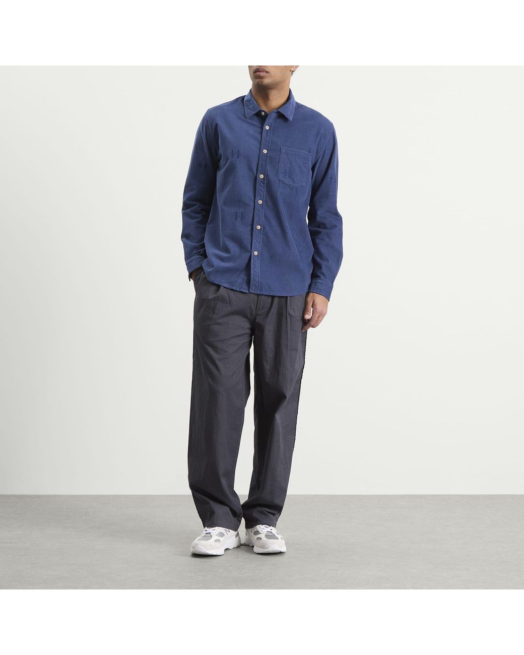 Folk Blue Embroidery Direction Babycord Shirt for men