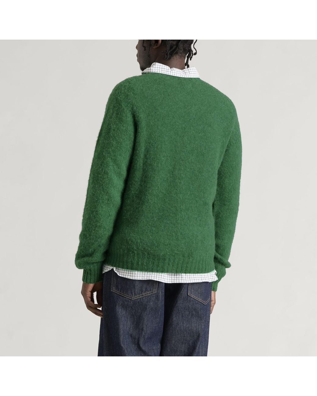 Drake's Green Brushed Shetland Crew Knit for men