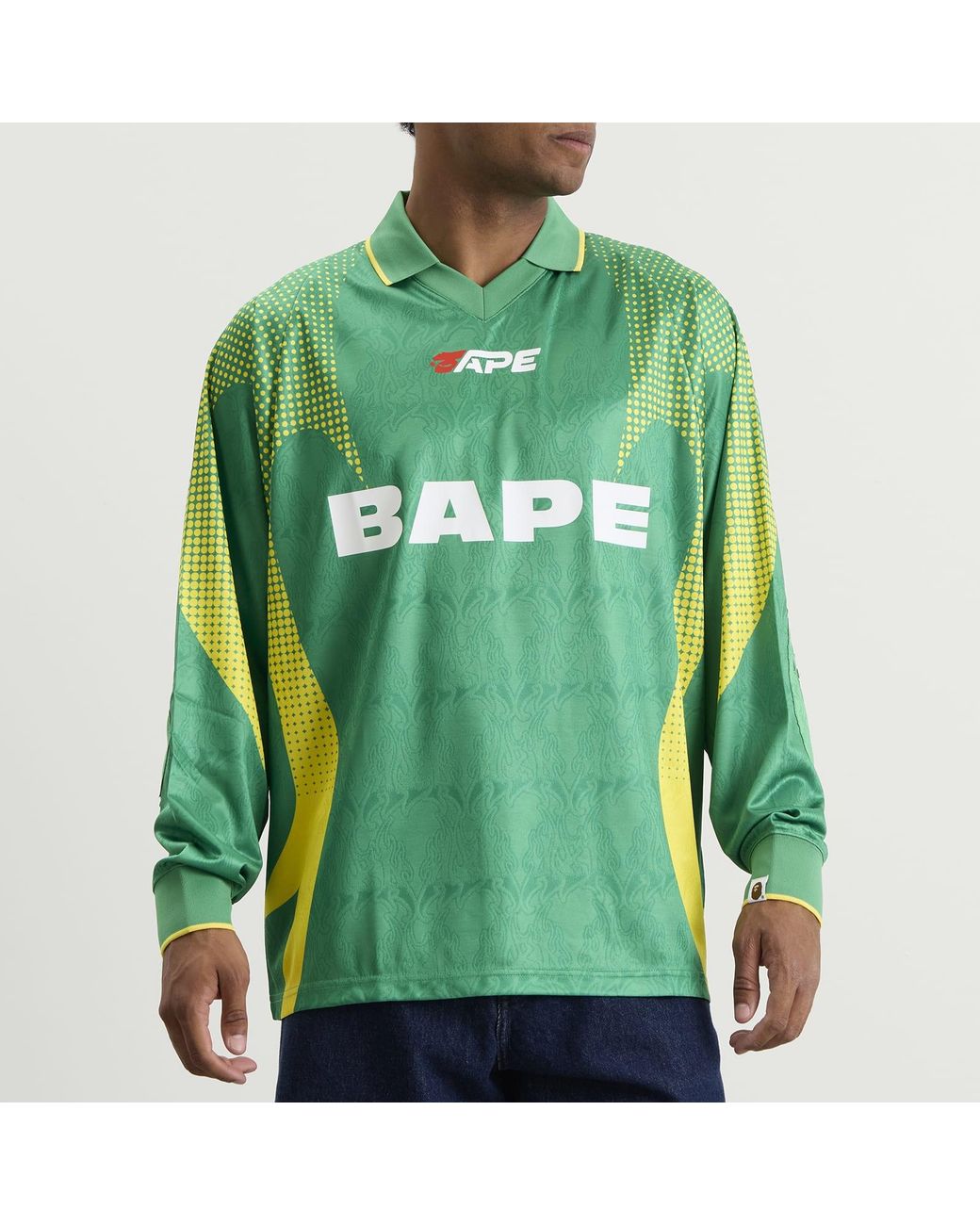 A Bathing Ape Green Flame Monogram Long Sleeve Football Jersey for men