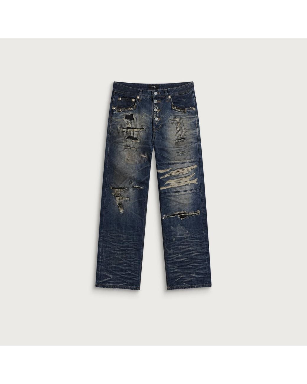 THUG CLUB Blue Skull Stitch Ripped Denim Pants for men