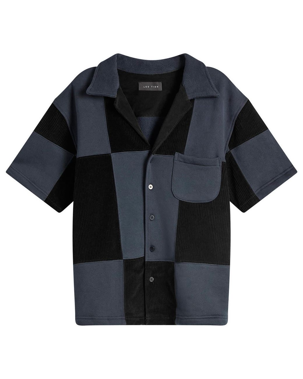 Les Tien Black Patchwork Short Sleeve Cuban Shirt for men