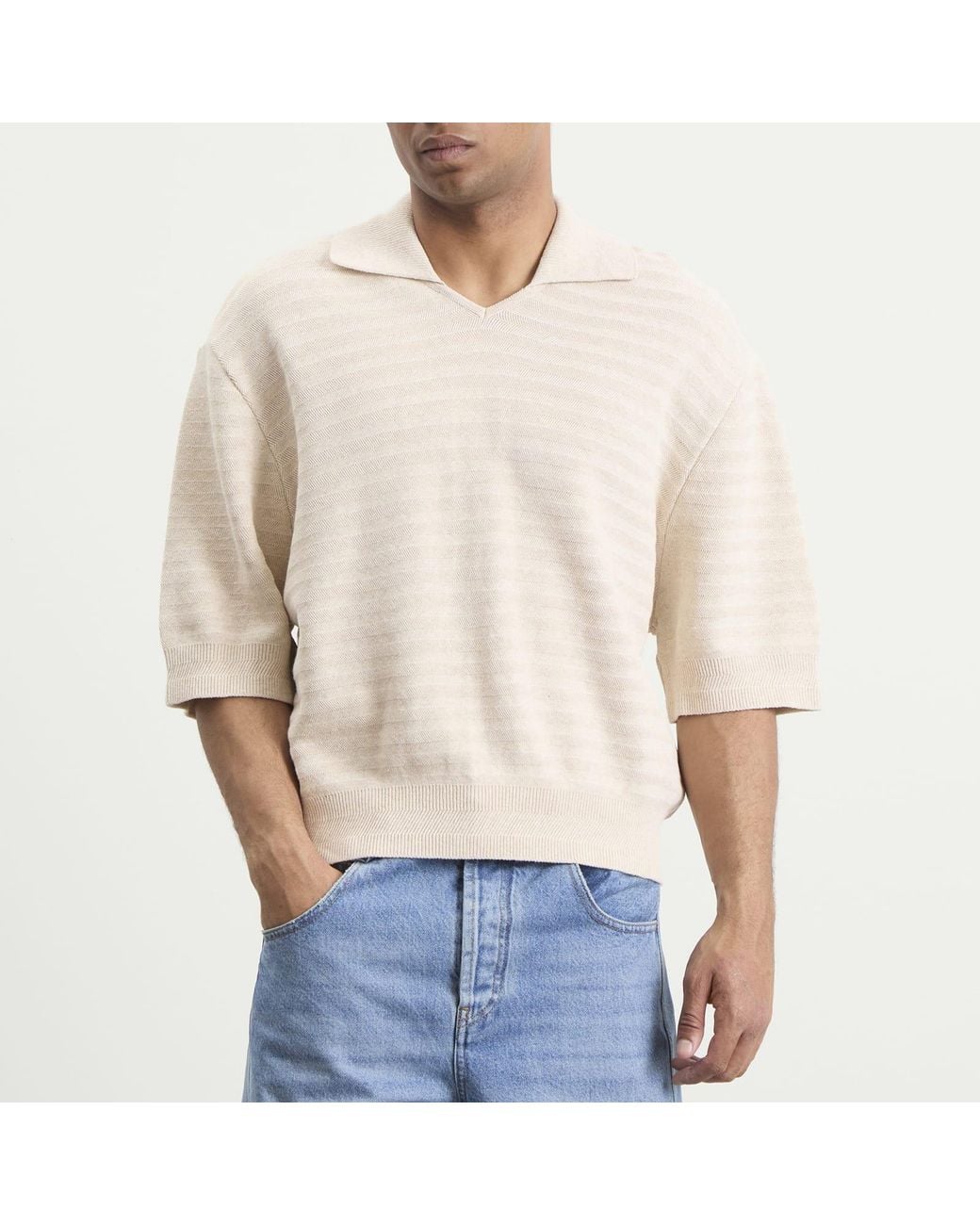 Jacquemus Natural Chevron Cotton Silk Knit Polo Shirt for men