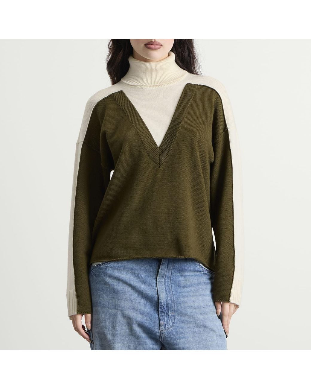 Maison Margiela Green Mm6 V-Neck Knitted Double Layer Jumper