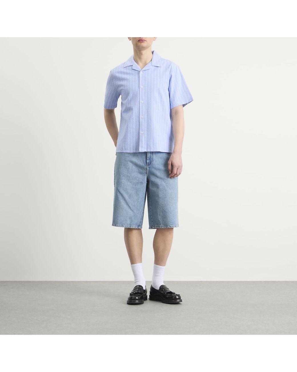 Wax London Blue Didcot Seersucker Stripe Vacation Shirt for men