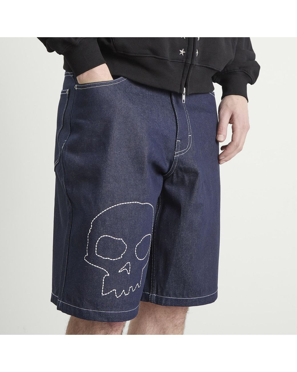 Pleasures Blue X Zero Skull Denim Shorts for men