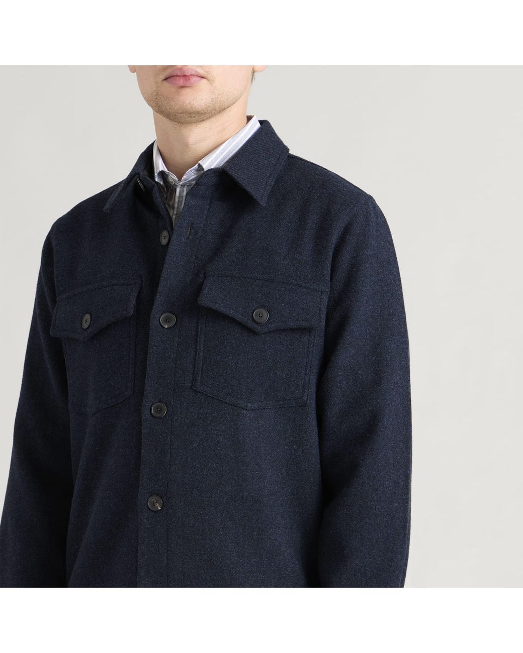 Portuguese Flannel Blue Wool Field Tweed Overshirt for men