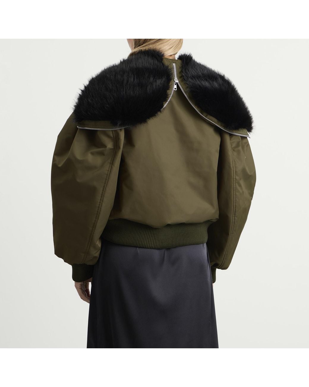Simone Rocha Green Cropped Split Faux Fur Hood Bomber Jacket