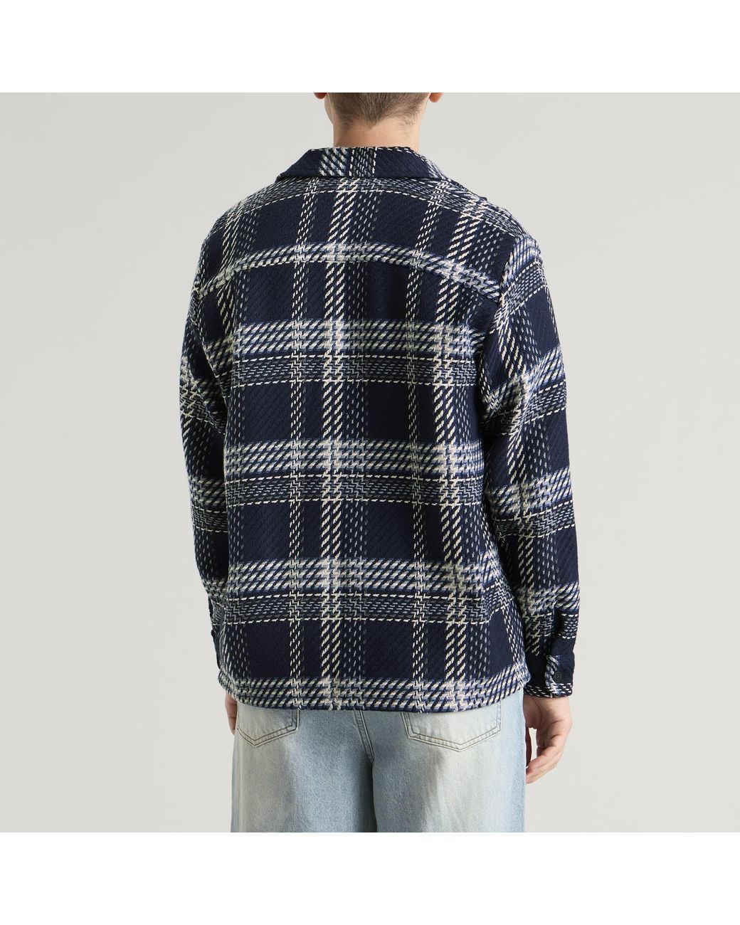 Wax London Blue Whiting Plaid Weave Overshirt for men