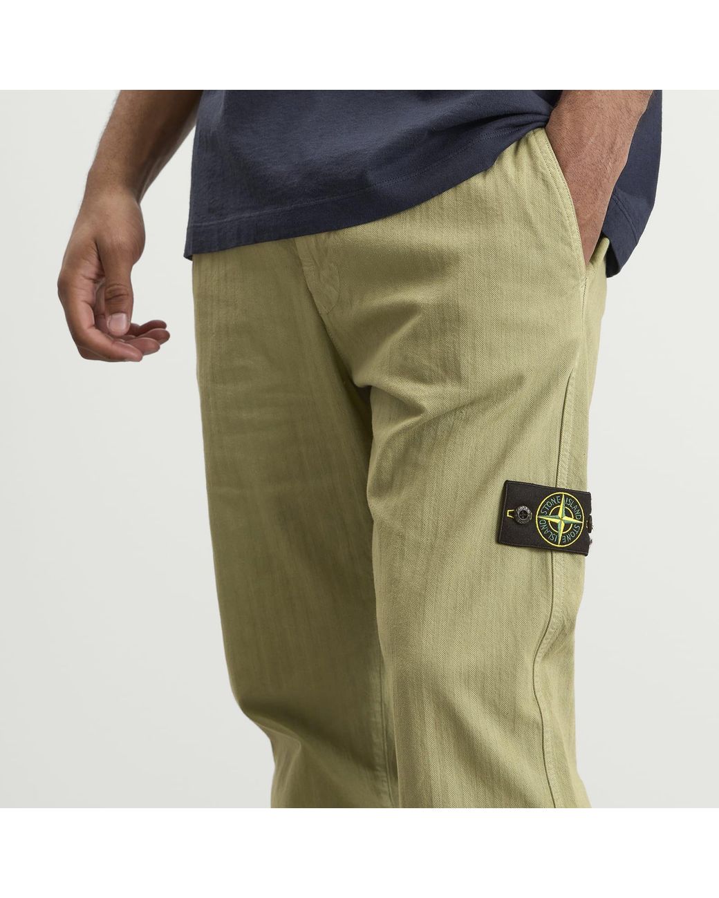 Stone Island Green Cotton Herringbone Trousers for men